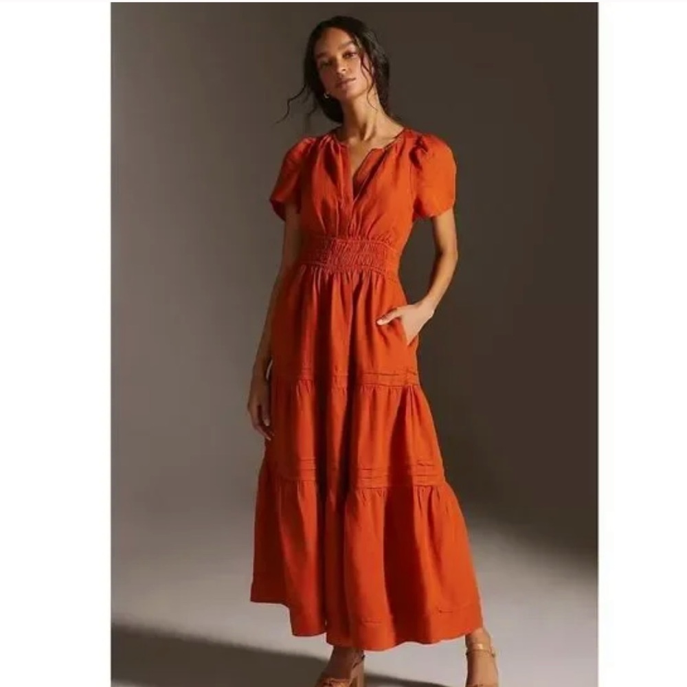 MAEVE Anthropologie Orange/Red Maxi Dress with pockets size L